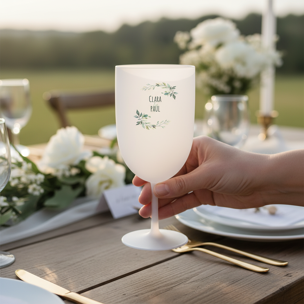 Verre à vin personnalisé en plastique - Mariage Paix ambiance