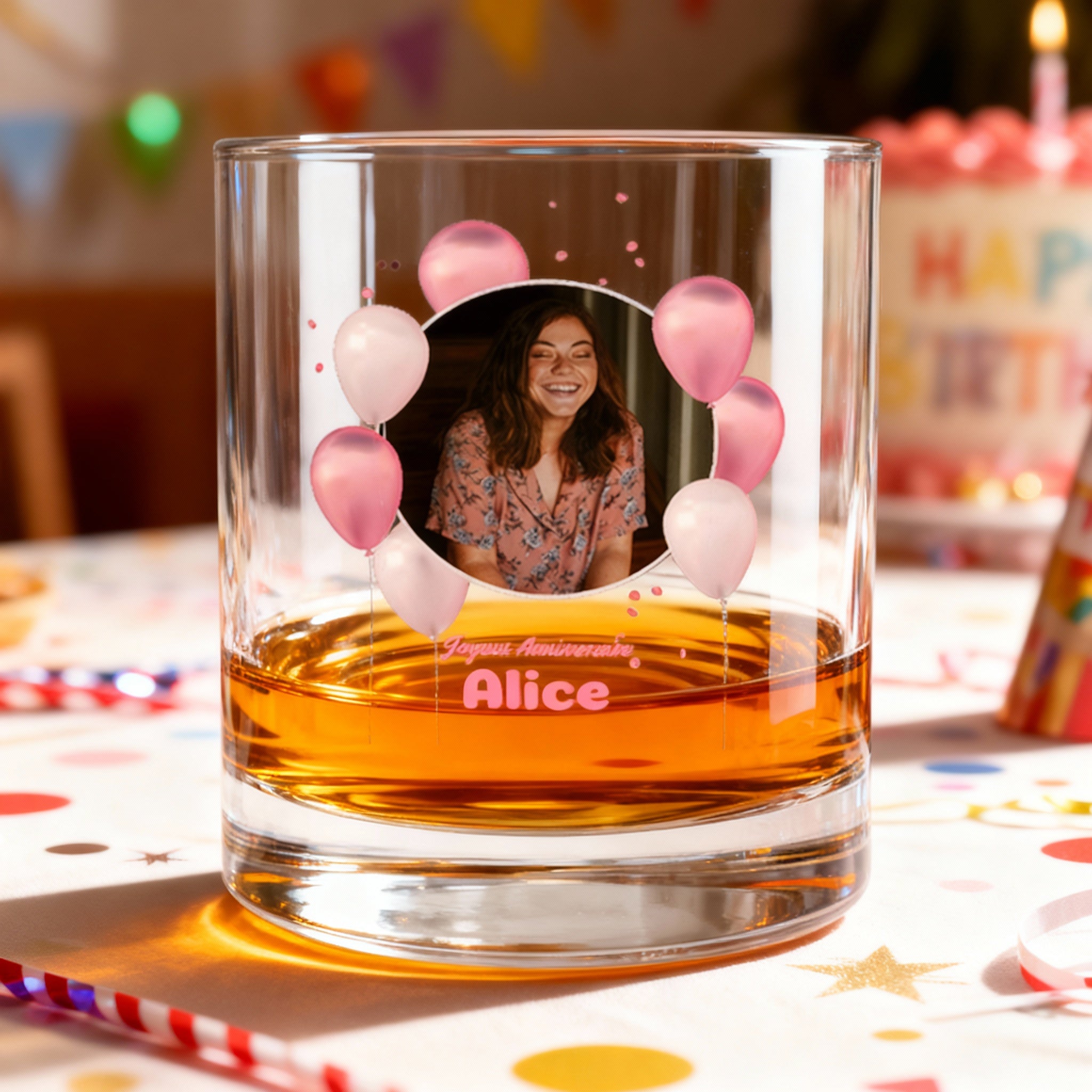 Verre à whisky personnalisé Anniversaire Photo & Ballons Roses
