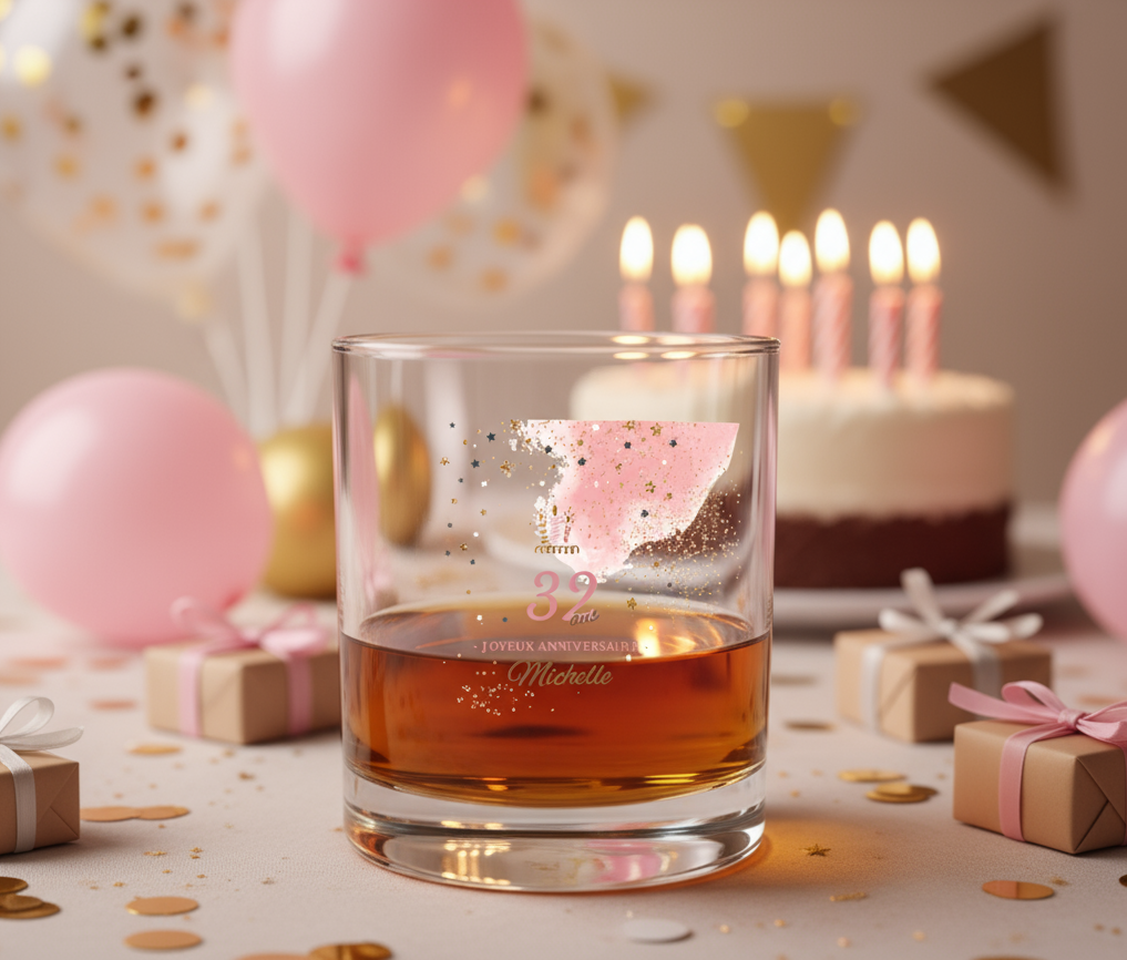 Verre à whisky personnalisé en verre - Anniversaire Rose & Doré