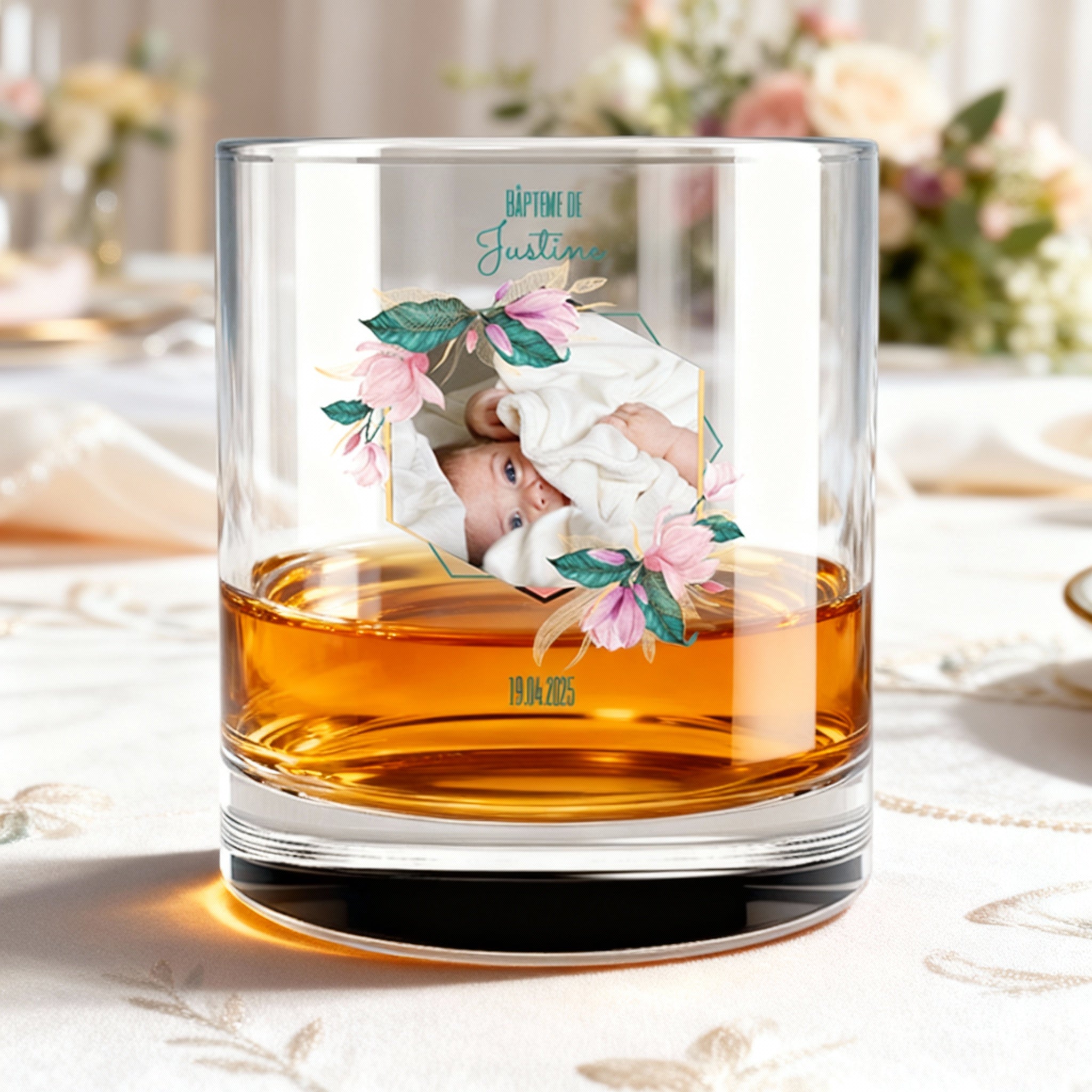 Verre à whisky personnalisé Baptême Rose & Bleu