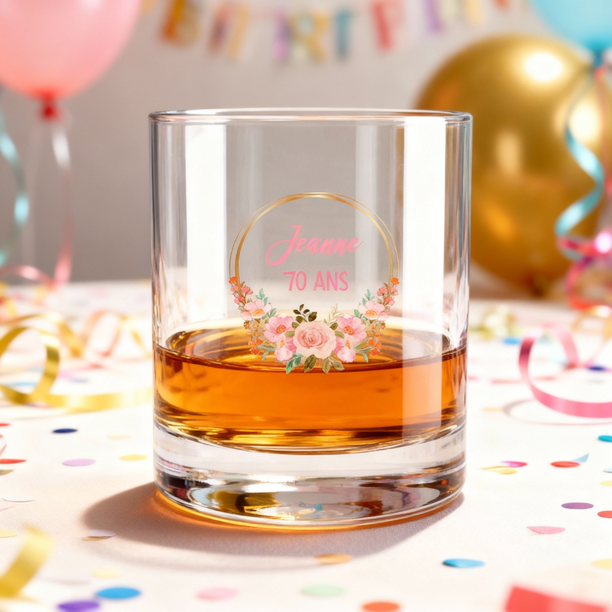 Verre à whisky personnalisé Anniversaire Couronne Fleurs