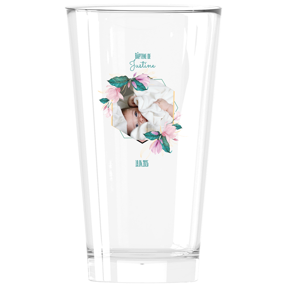 Verre à bière personnalisé Pinte en verre - Baptême Rose & Bleu