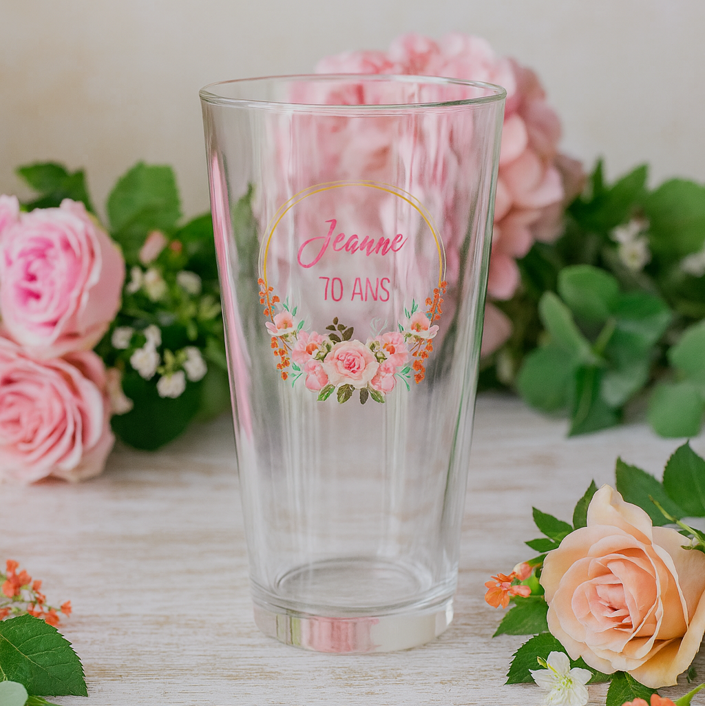 Verre à bière personnalis Anniversaire Couronne Fleurs
