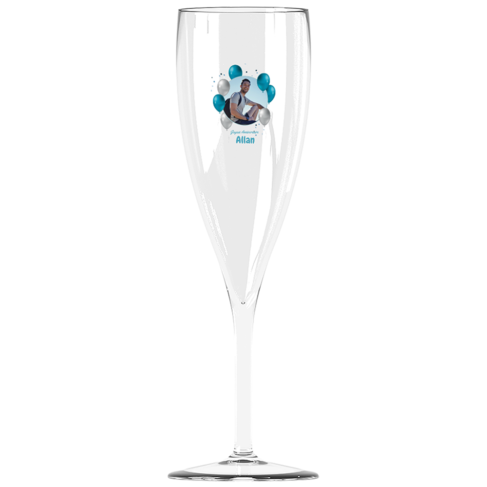 Flûte à champagne personnalisée effervescence incassable anniversaire photo et ballons bleus