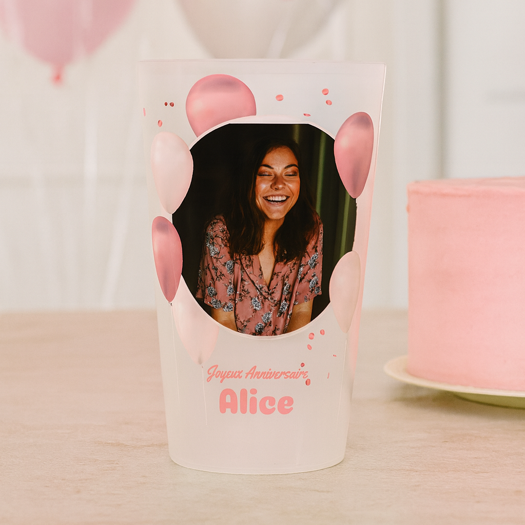 Gobelet personnalisé Anniversaire Photo & Ballons Roses ambiance