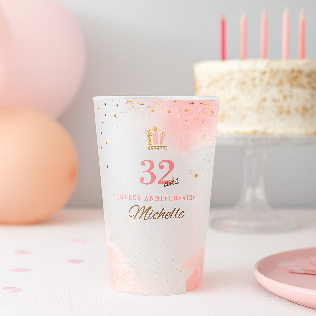 Gobelet personnalisé Anniversaire Rose & Doré ambiance