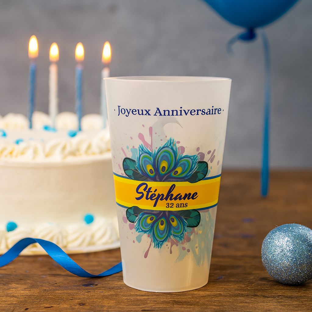 Gobelet personnalisé Anniversaire Paon ambiance