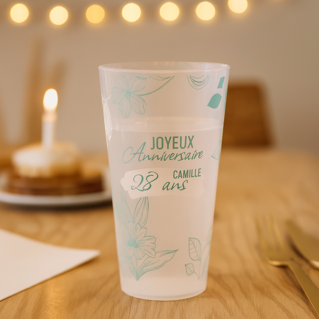 Gobelet personnalisé Anniversaire Fleurs Bleues ambiance
