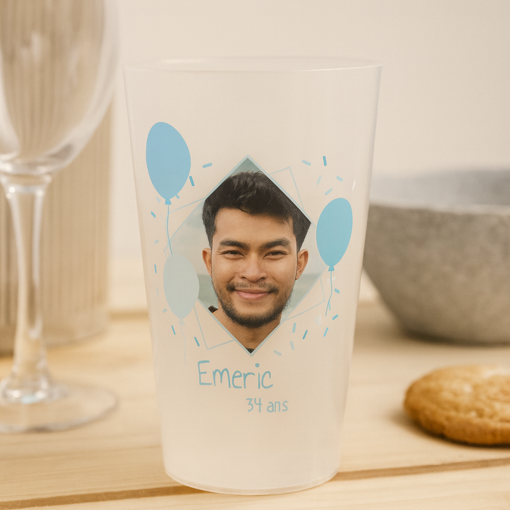 Gobelet personnalisé Anniversaire Bleu & Photo ambiance
