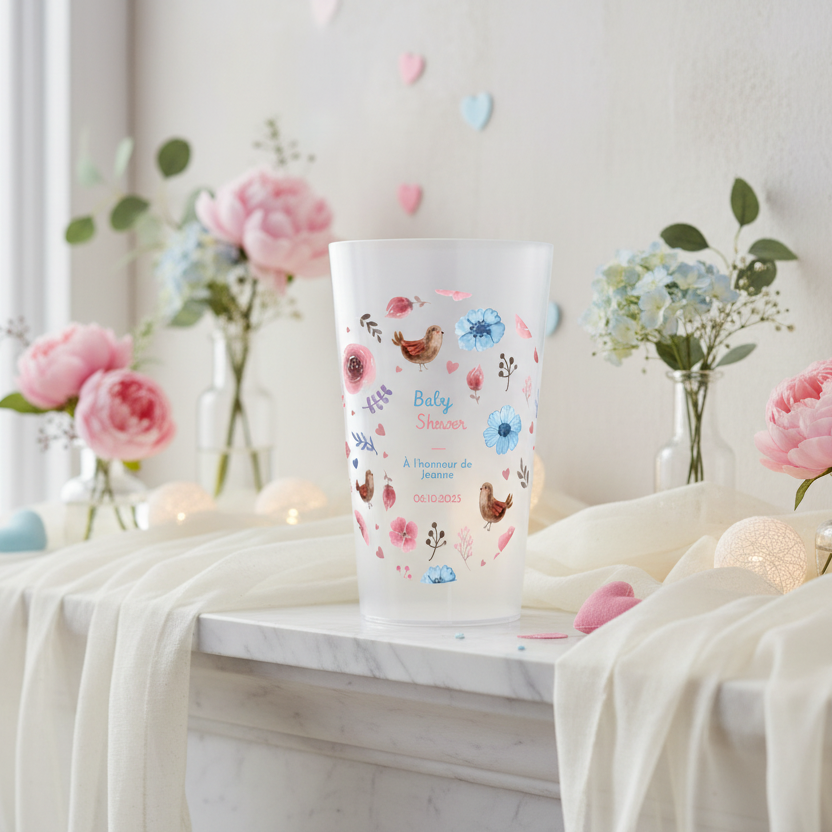 gobelet personnalise baby shower fleurs bleues et rose