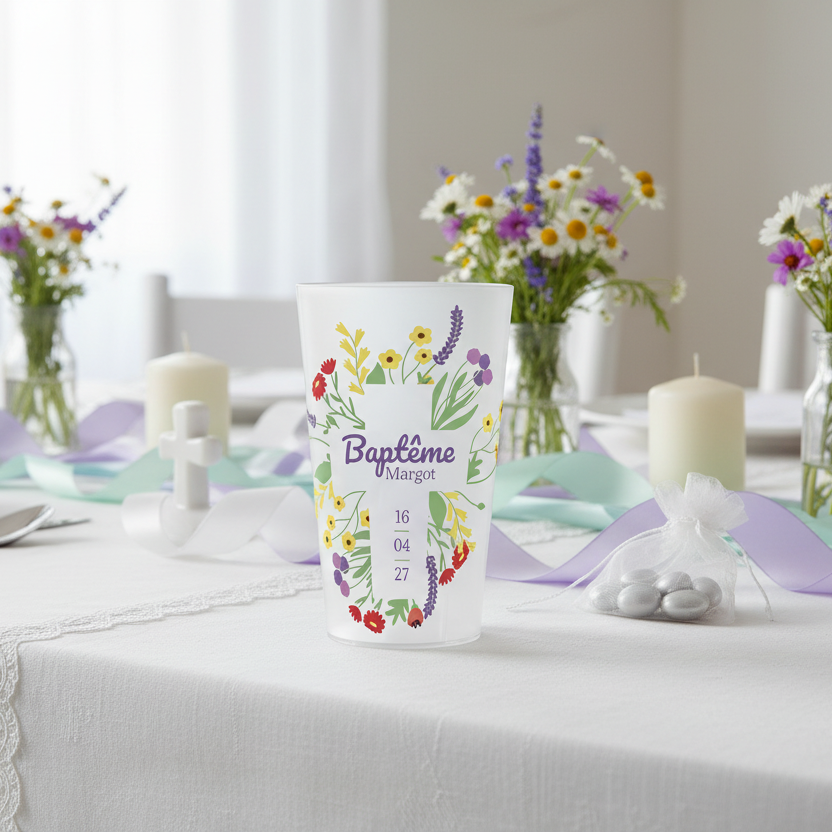 gobelet personnalise bapteme bouquet de fleurs