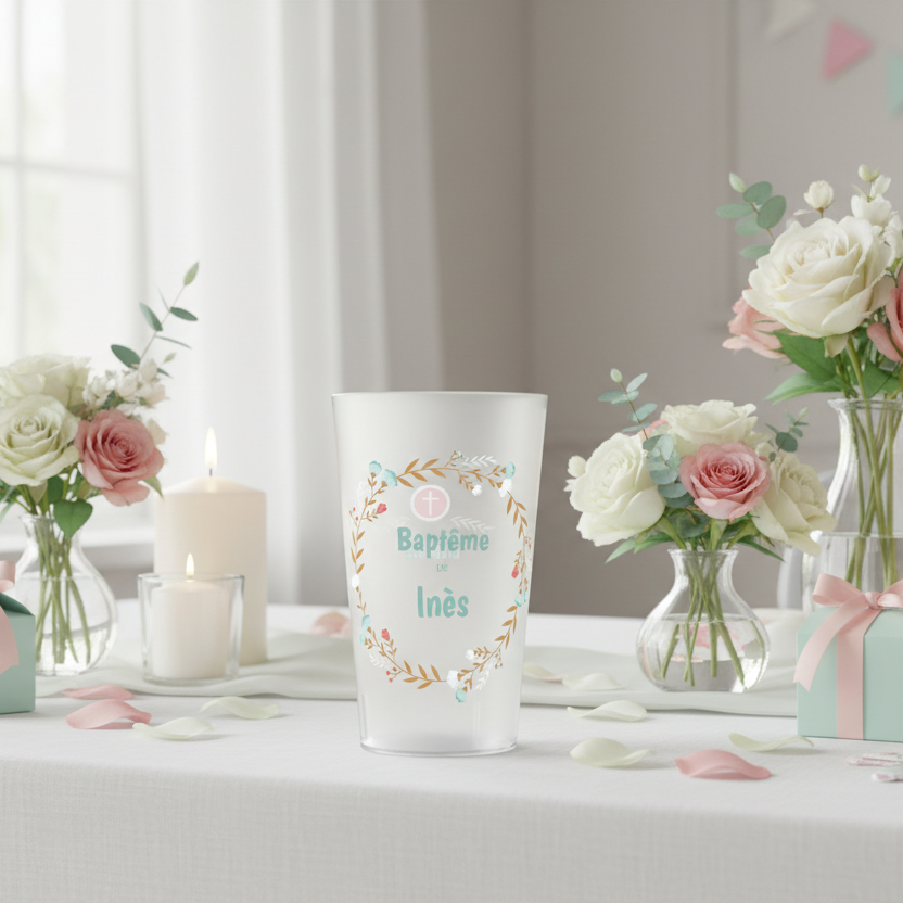 gobelet personnalise bapteme couronne feuillage