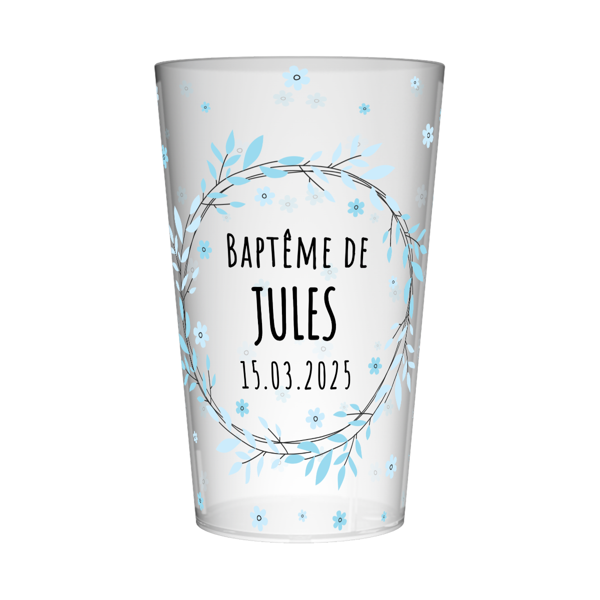 Gobelet personnalisé Baptême Fleurs Bleues