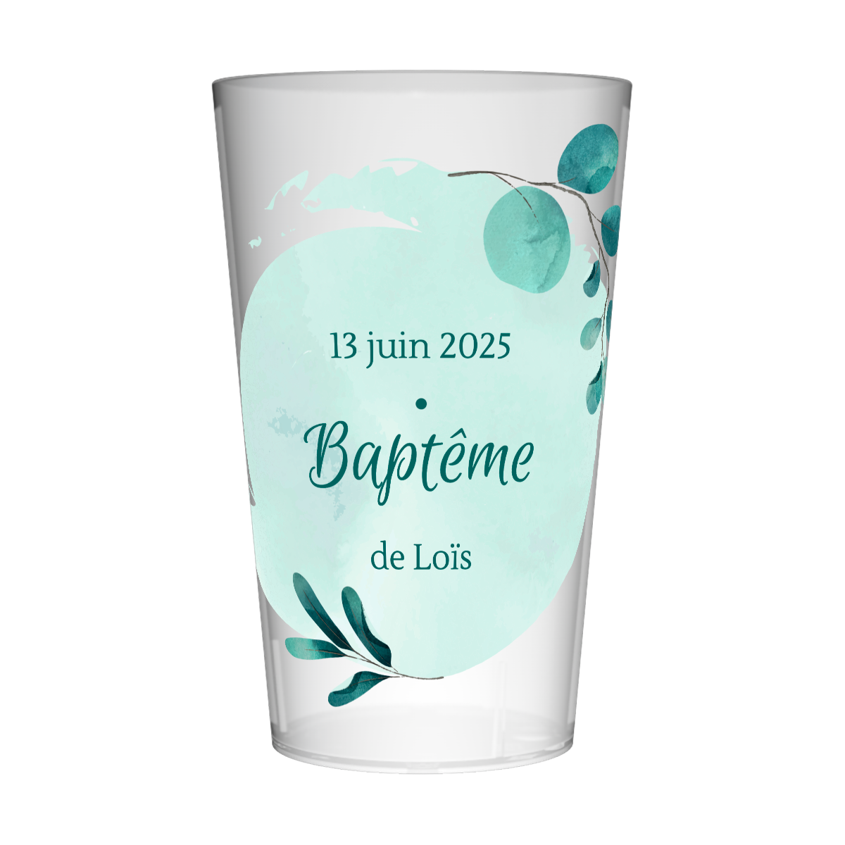 Gobelet personnalisé Baptême Bleu & Feuilles