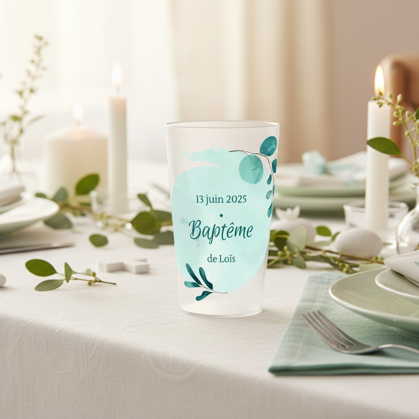 gobelet personnalse bapteme bleu et feuilles