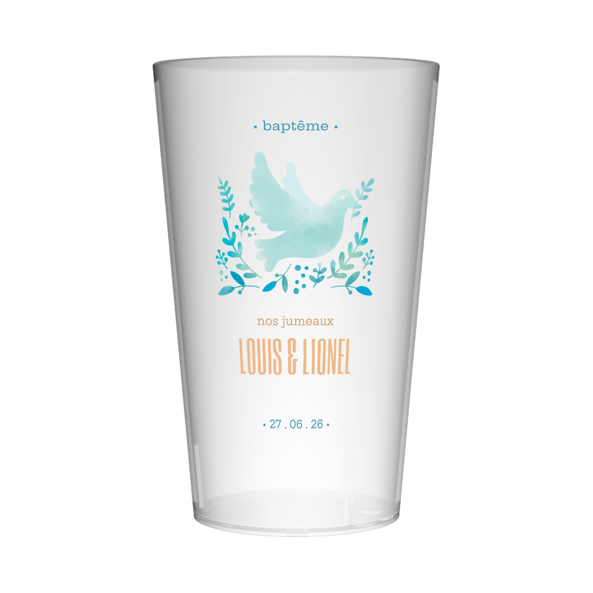 Gobelet personnalisé Baptême Colombe Jumeaux