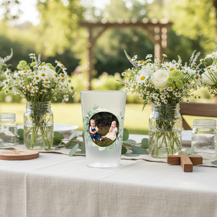 gobelet personnalise bapteme vert et photo