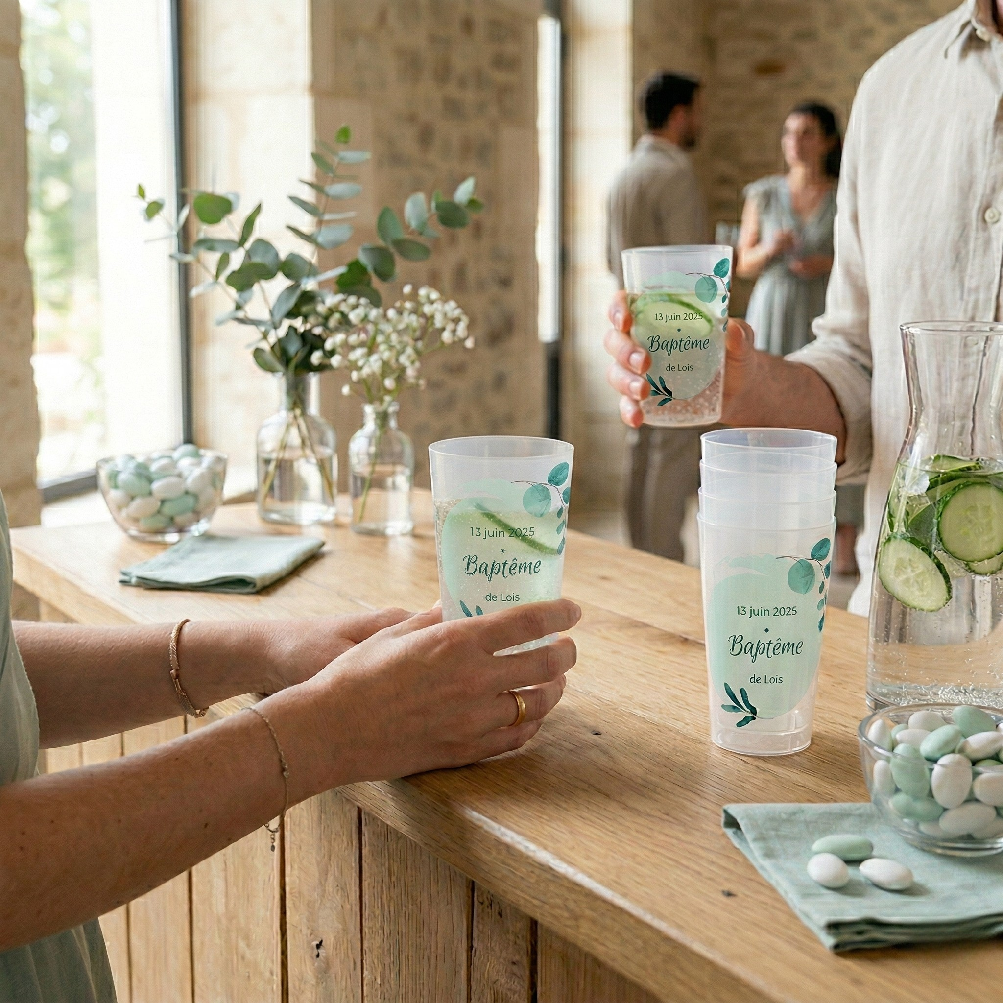 Gobelet personnalisé Baptême Bleu & Feuilles