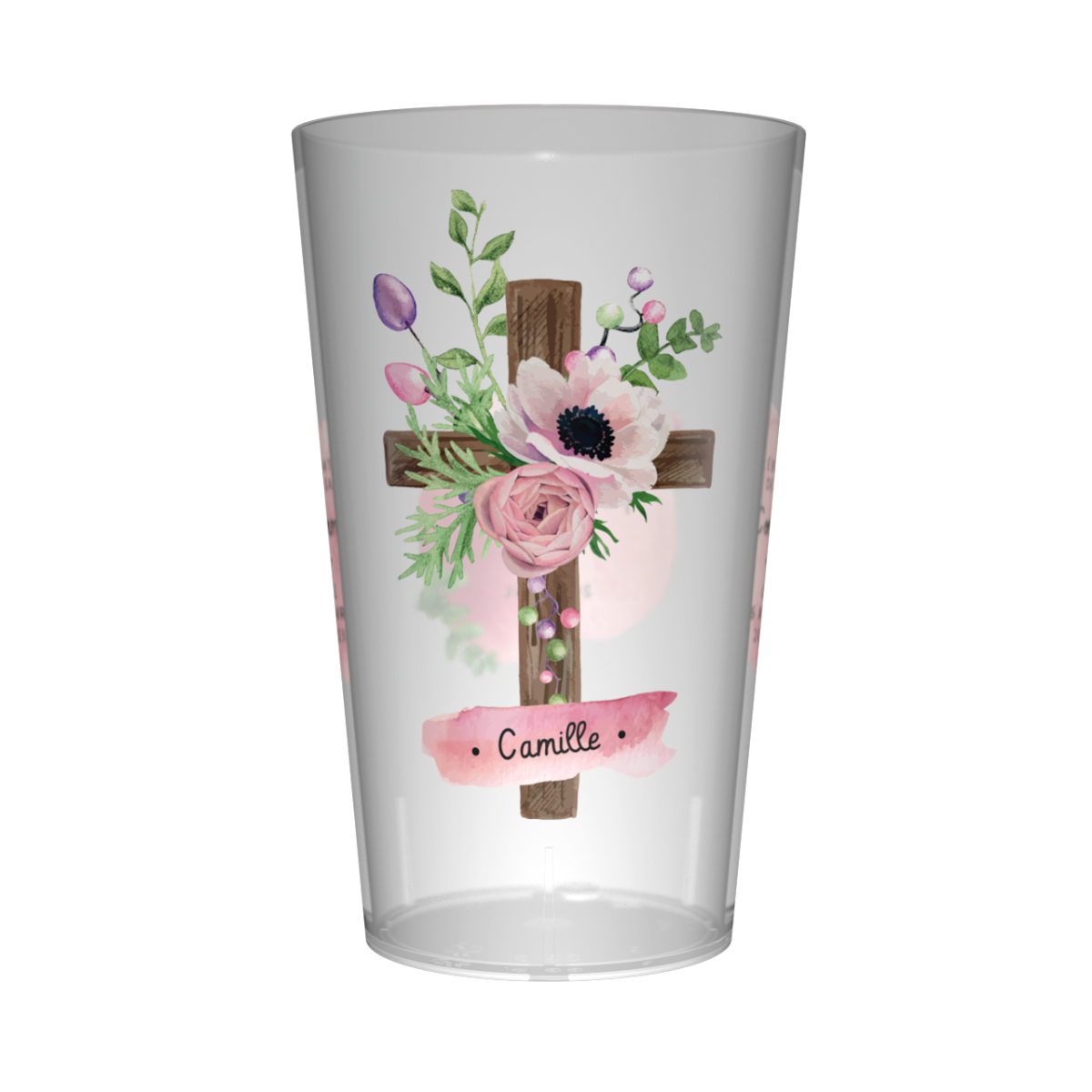 Gobelet personnalisé Communion Croix & Rose
