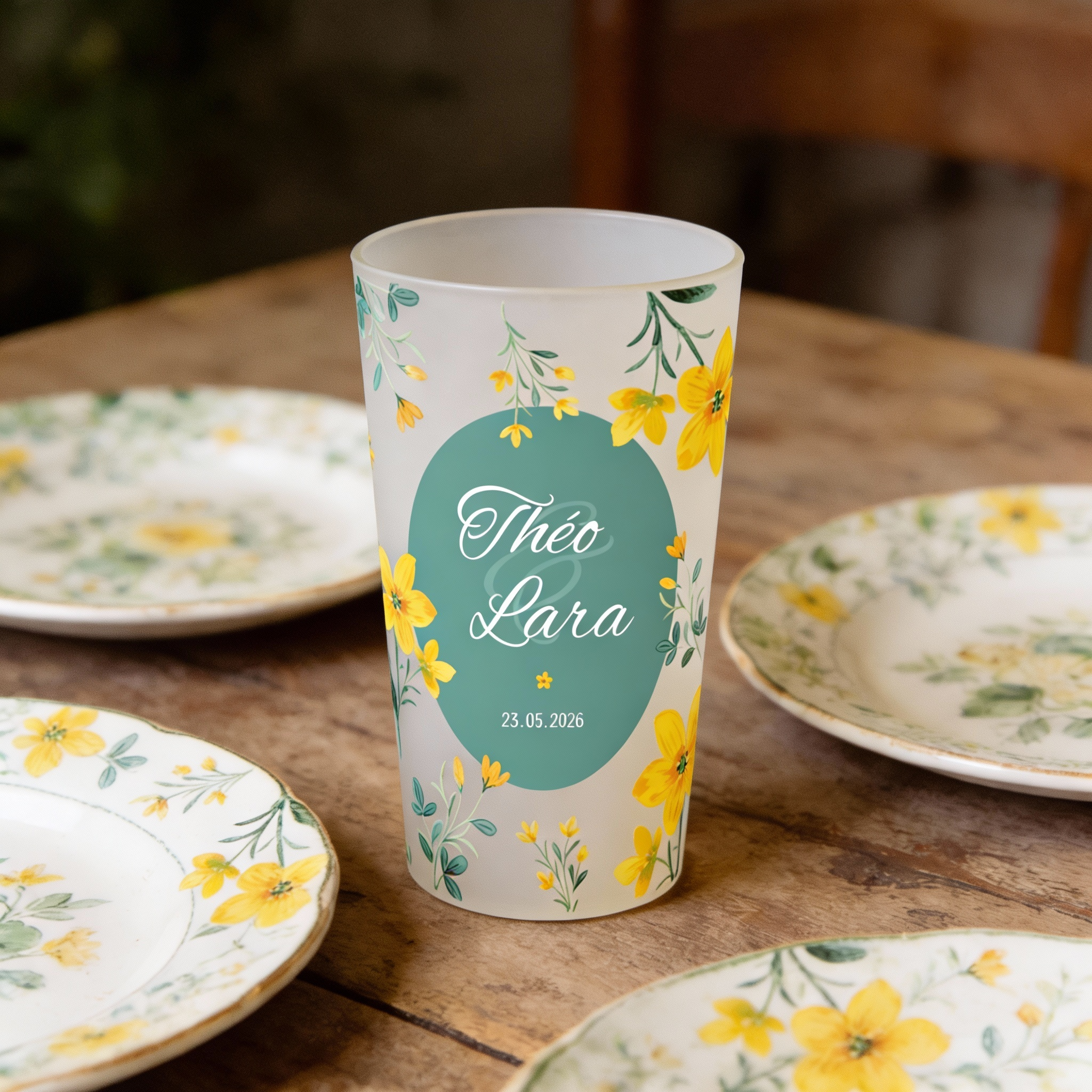 gobelet personnalise mariage fleurs jaunes