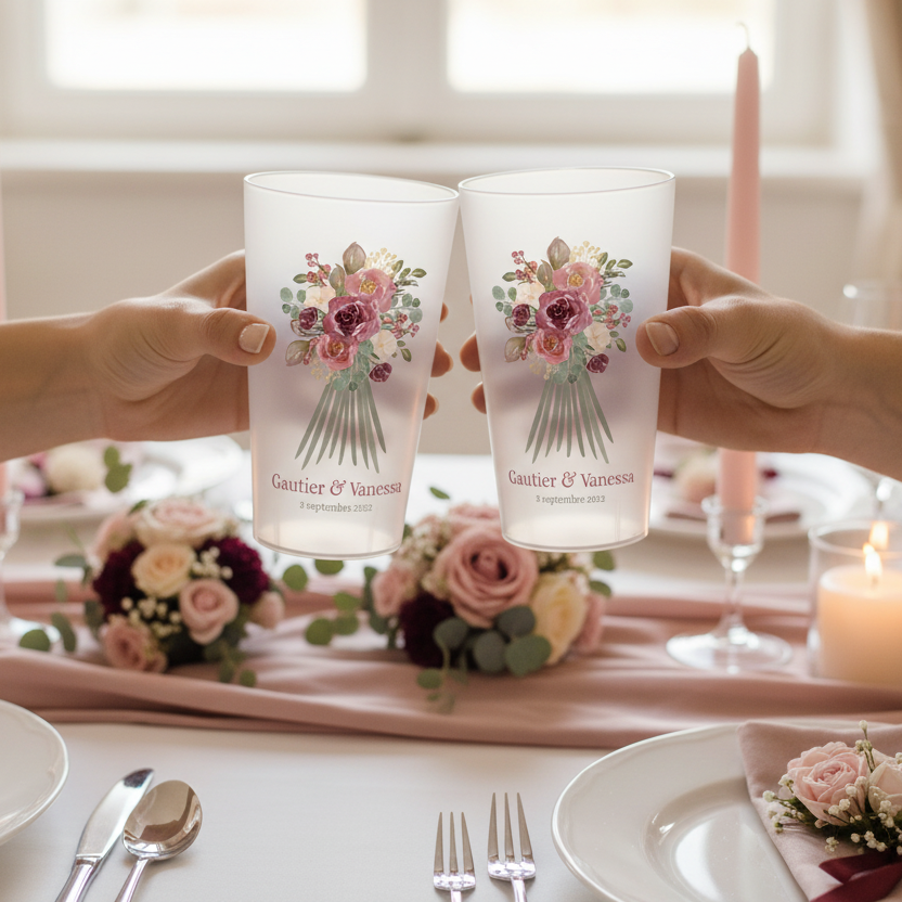 gobelet personnalise ambiance mariage bouquet de fleurs