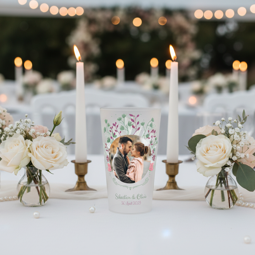 gobelet personnalise mariage photo vert et rose