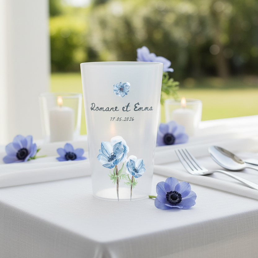 gobelet personnalise mariage fleurs bleues ambiance