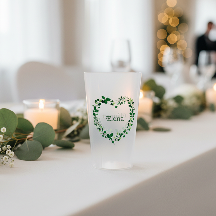 gobelet personnalise mariage coeur vert ambiance