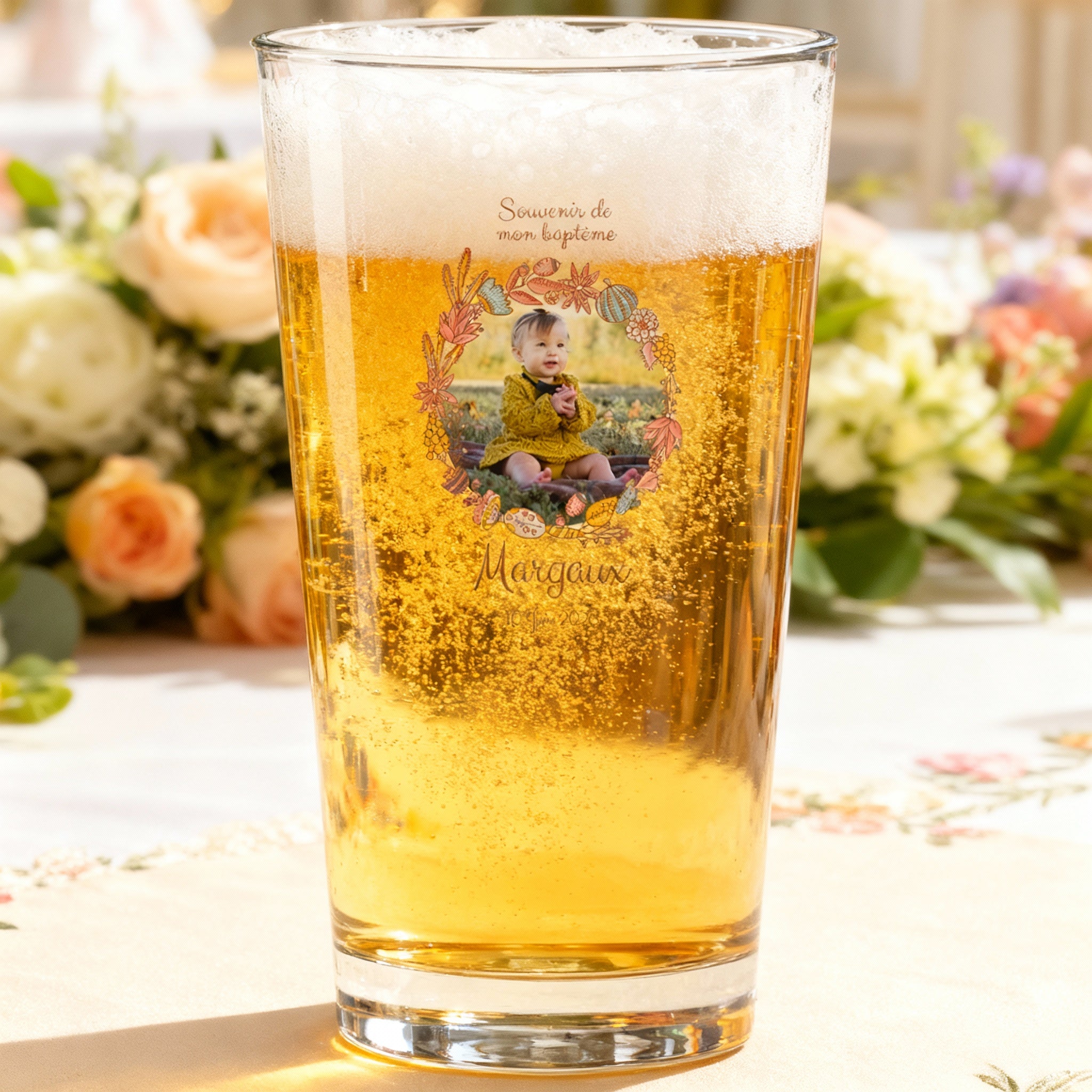 Verre à bière personnalisé Pinte Baptême Couronne Rose