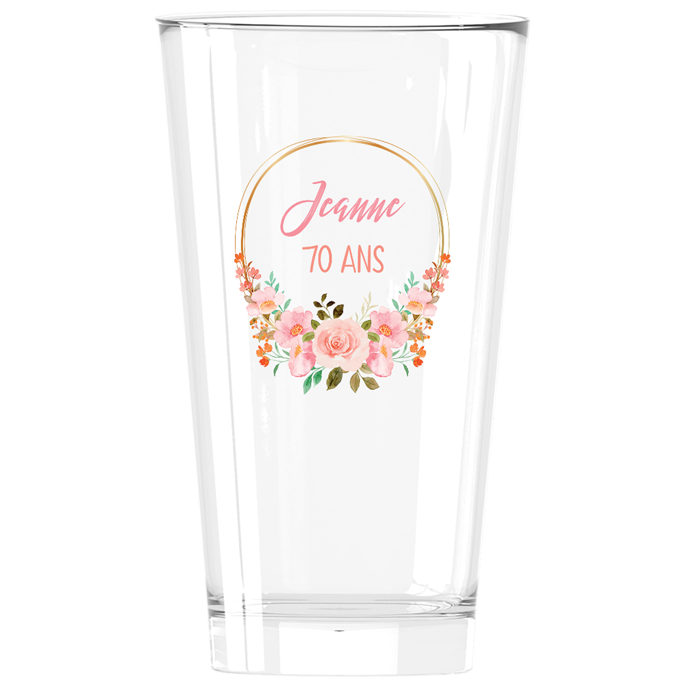 Verre à bière personnalisé pinte en verre anniversaire couronne fleurs