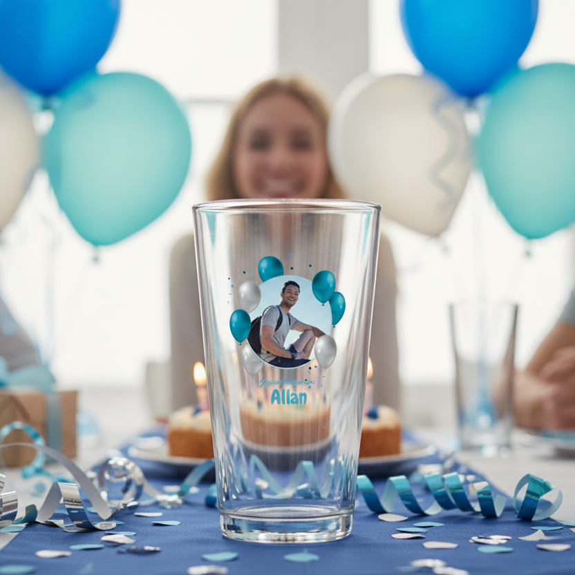 verre à biere personnalise en verre anniversaire photo et ballons bleu ambiance