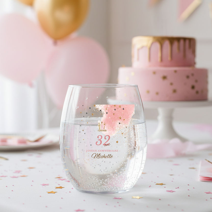 verre à eau personnalise rose & dore ambiance anniversaire