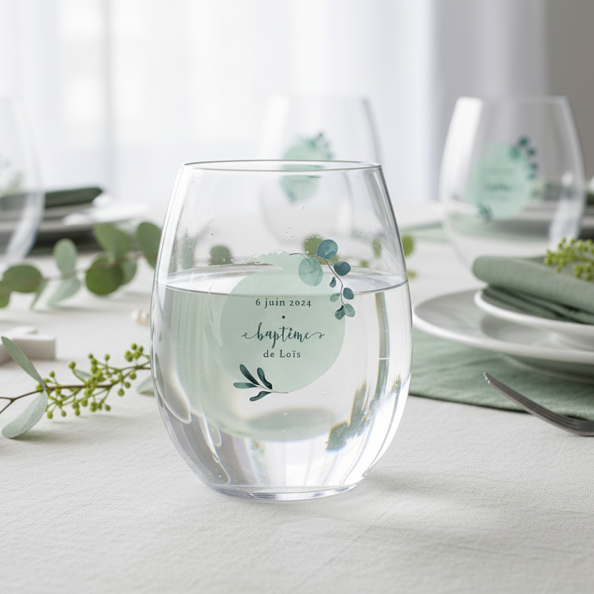 verre à eau personnalise incassable bapteme bleu et feuilles ambiance
