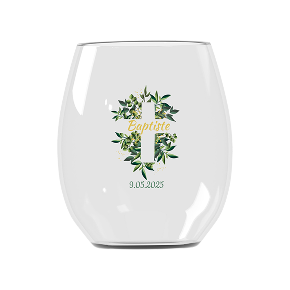 Verre à eau personnalisé incassable Baptême Croix et Feuilles