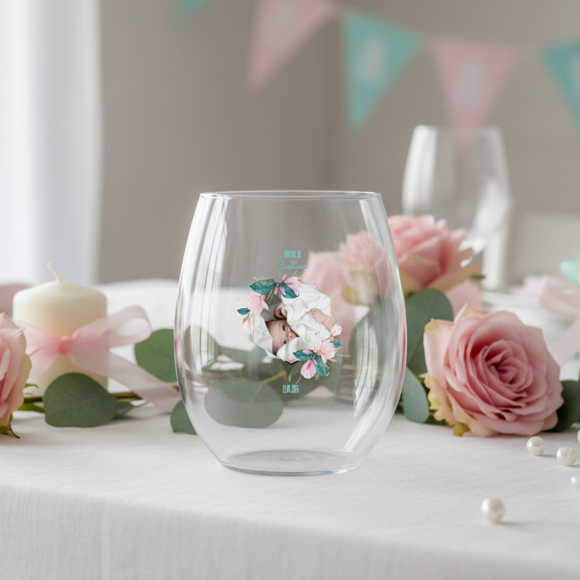 verre à eau personnalise incassable bapteme bleu et rose ambiance