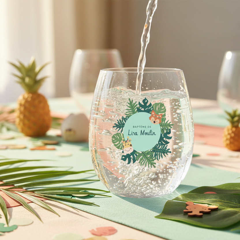 verre à eau personnalise bapteme tropical ambiance