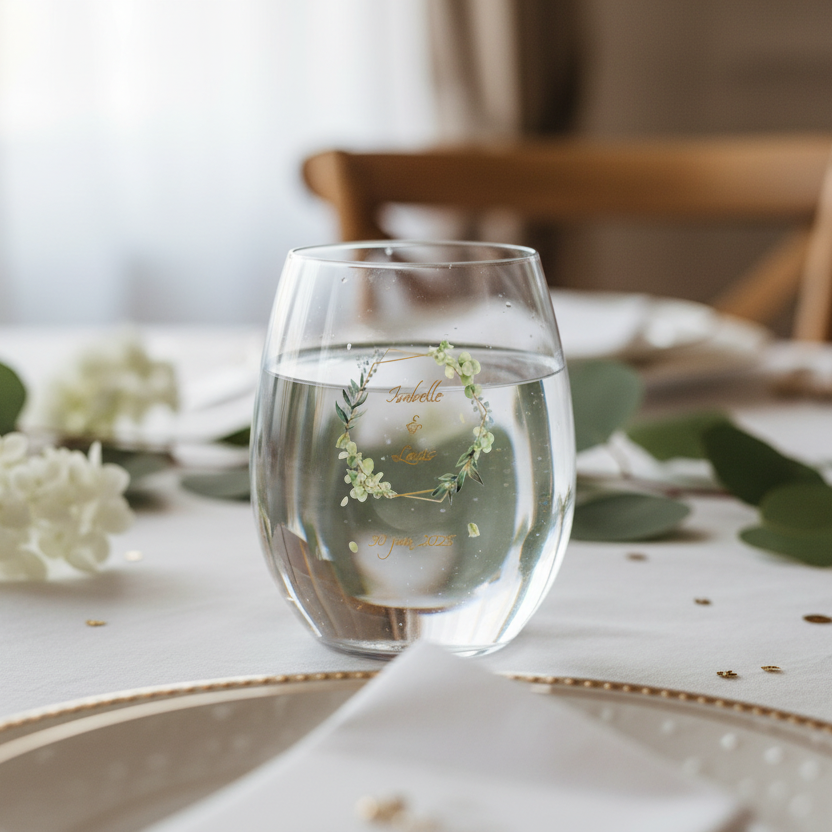 verre a eau personnalise mariage encadrement vert ambiance