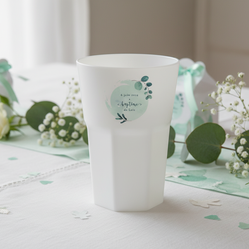 verre mojito personnalise blanc bapteme bleu et feuilles ambiance