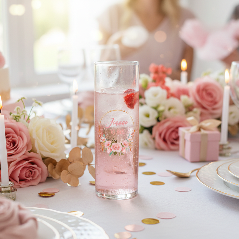 verre tube personnalise couronne fleurs roses ambiance