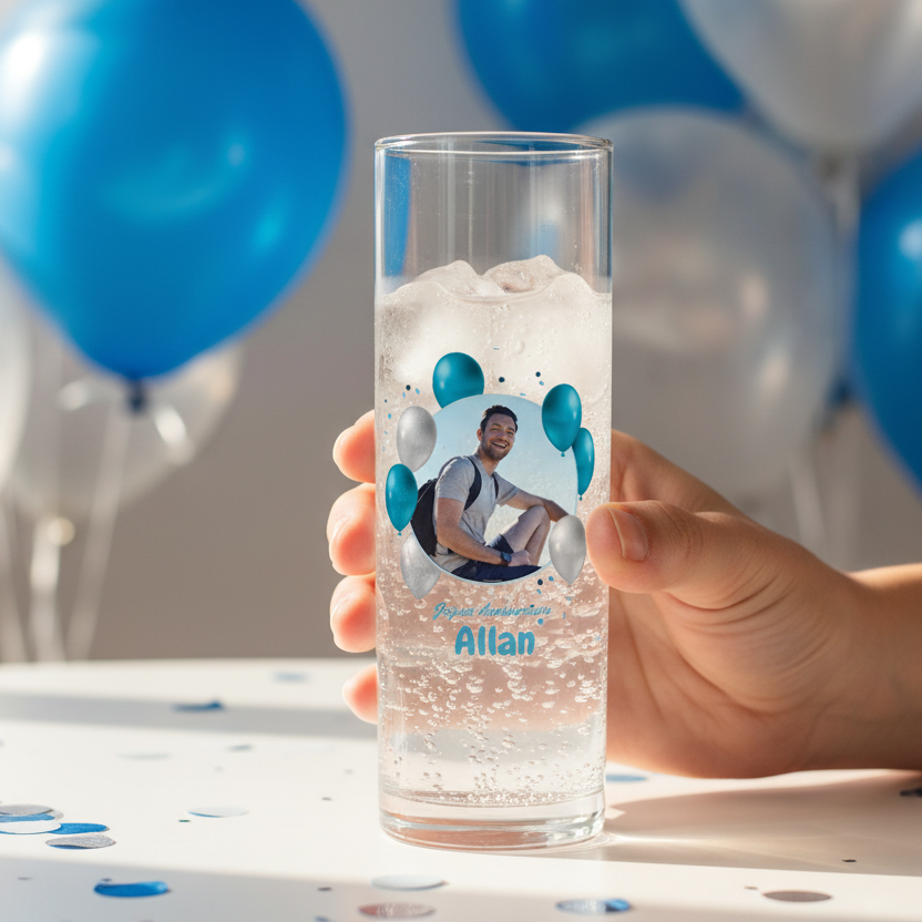 verre tube personnalise anniversaire photo & ballons bleus ambiance