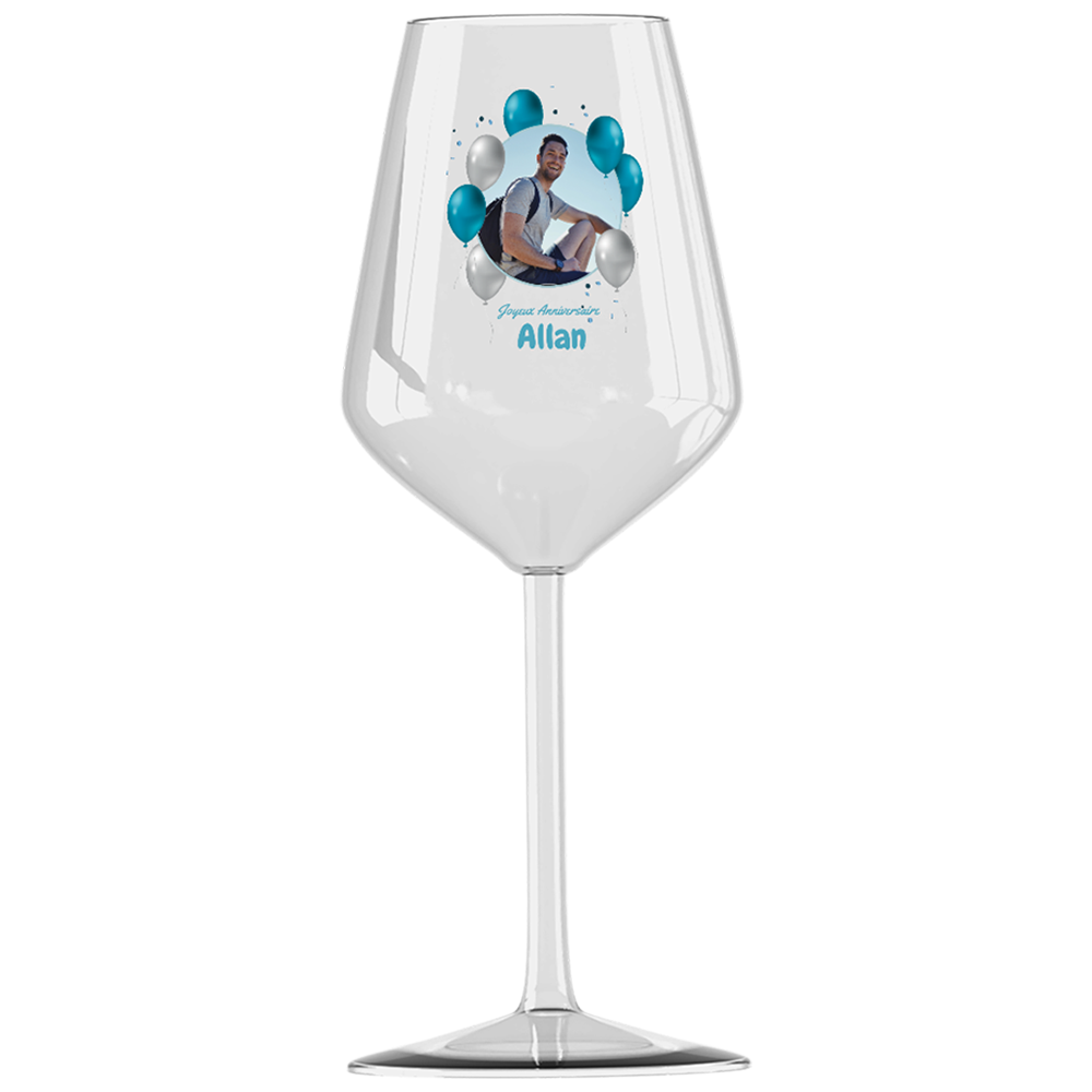 Verre à vin cabernet en verre personnalisé anniversaire photo et ballons bleus