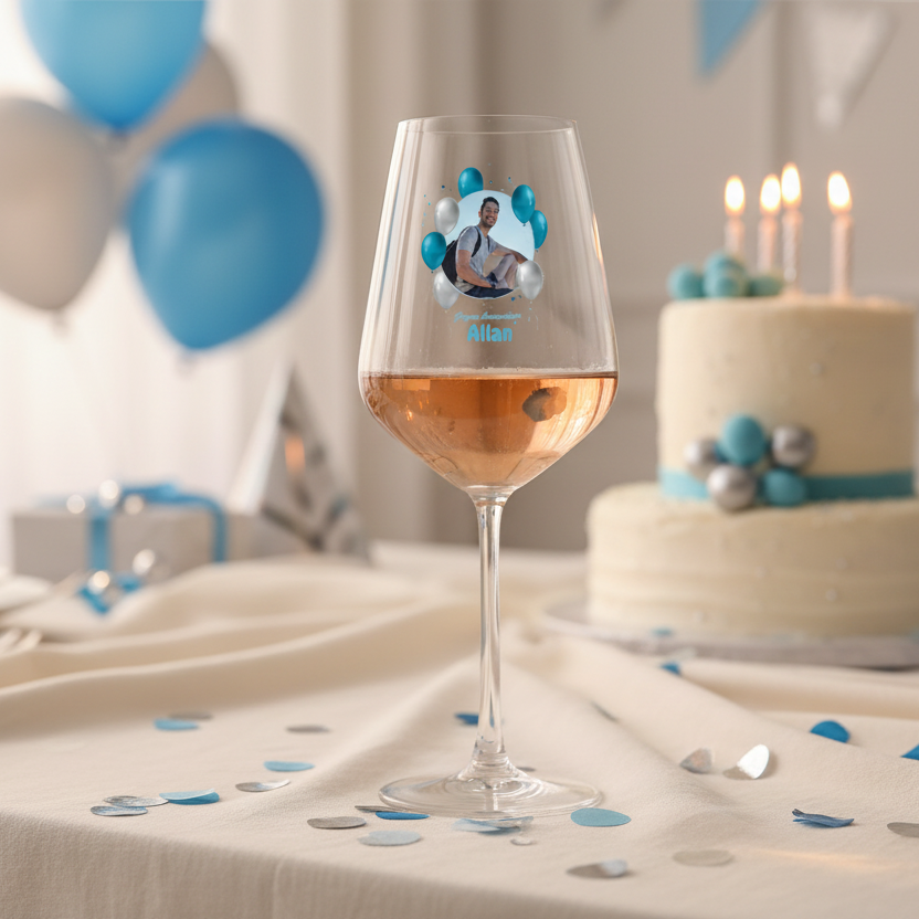 verre à vin personnalisé en verre anniversaire ballons bleus ambiance