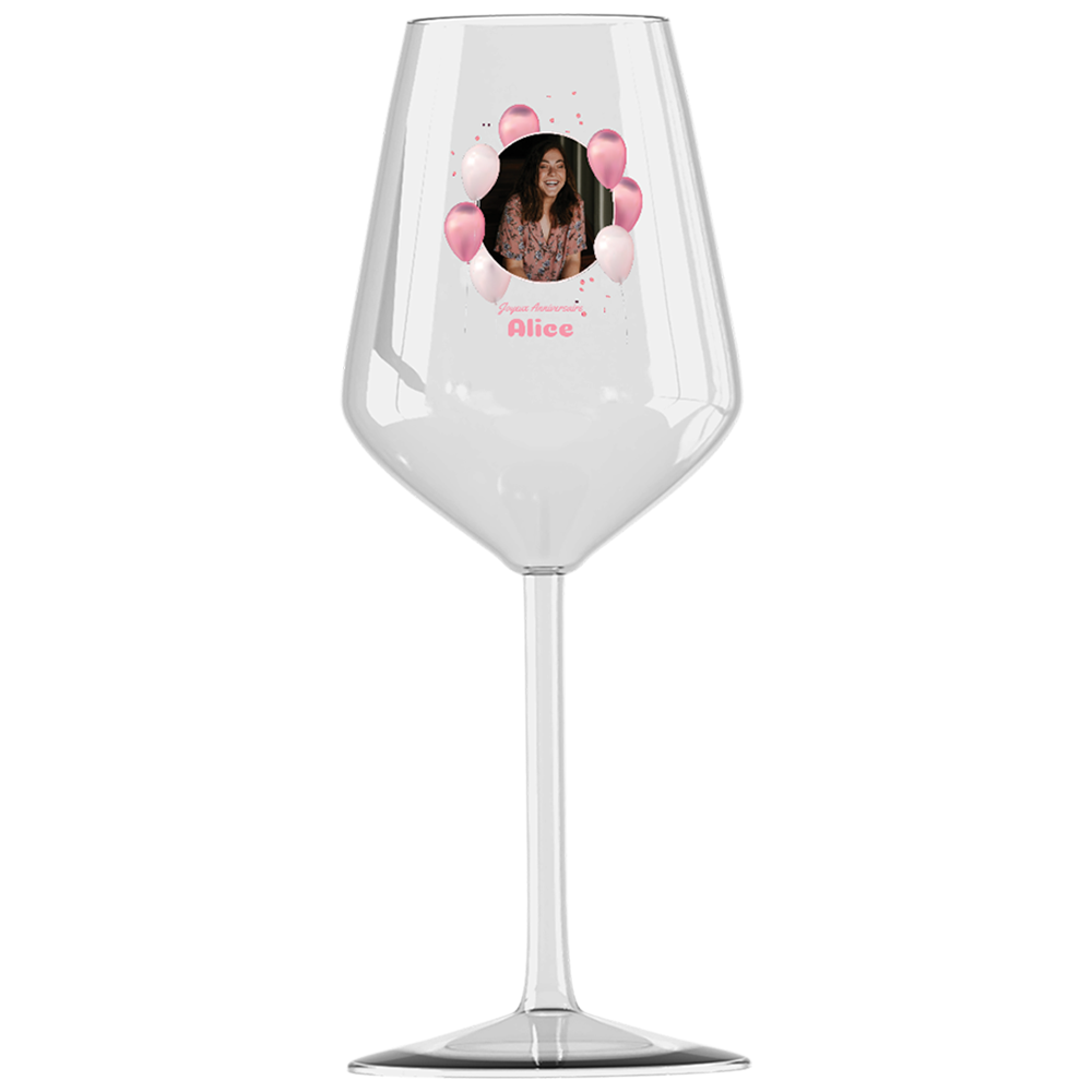 Verre à vin cabernet en verre personnalisé anniversaire photo et ballons Roses