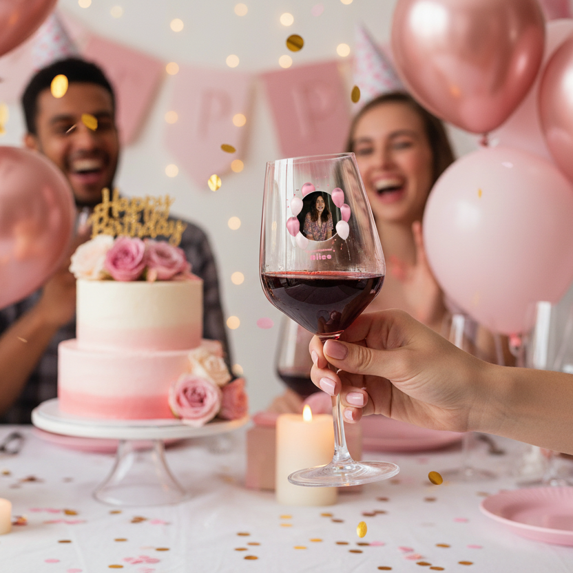 verre à vin personnalise anniversaire ballons rose ambiance