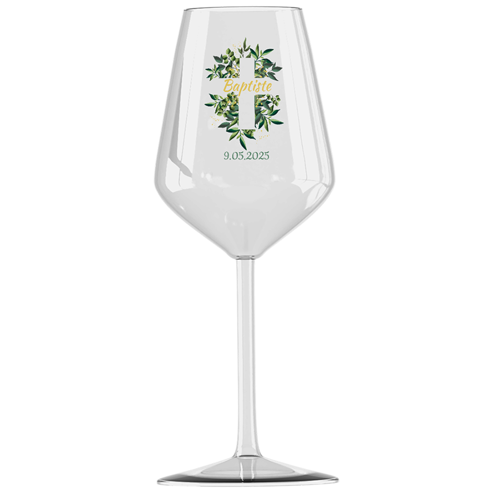 Verre à vin cabernet en verre personnalisé baptême croix et feuilles