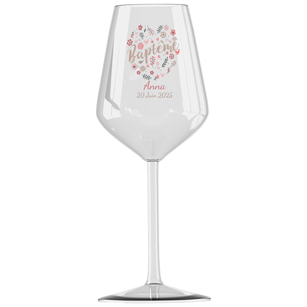 Verre à vin cabernet en verre personnalisé baptême fleuri