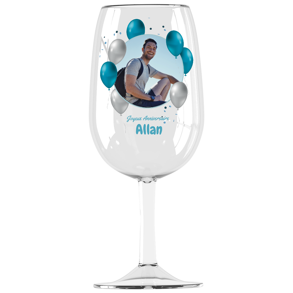 Verre à vin Syrah personnalisé incassable Anniversaire Photo & Ballons Bleus