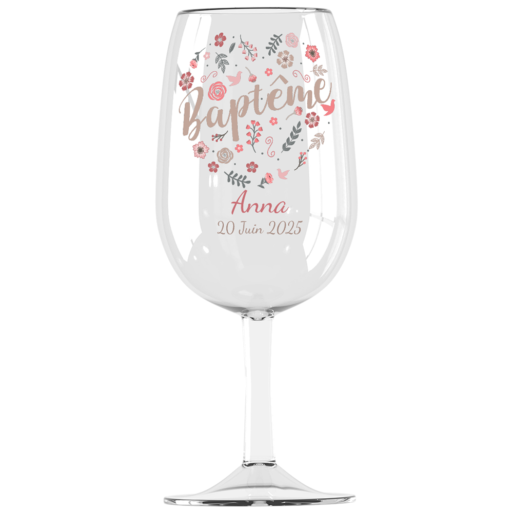 Verre à vin Syrah personnalisé incassable baptême Fleuri