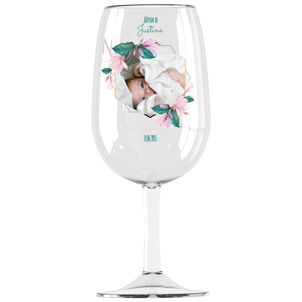 Verre à vin Syrah personnalisé incassable Baptême Rose & Bleu