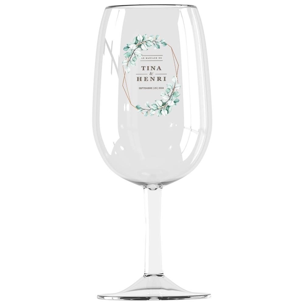 verre à vin syrah personnalisé incassable mariage vert et doré